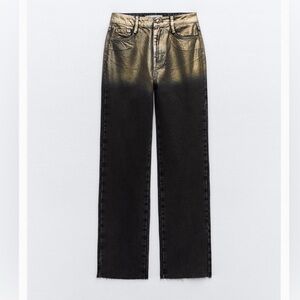 Zara Metallic Gold Straight Leg Jeans with High Waist